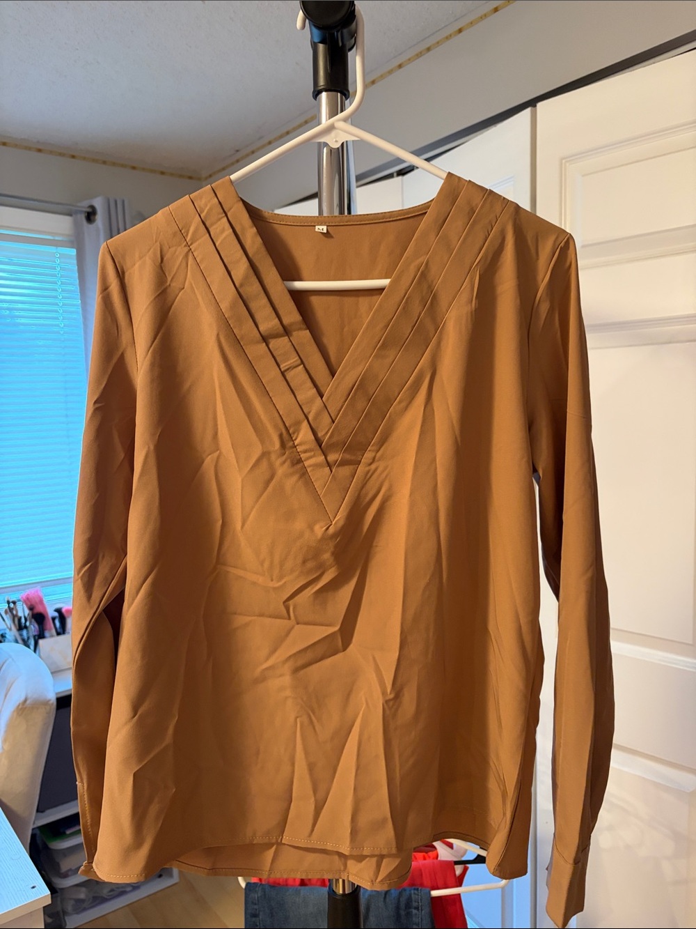 SHEIN Tan V-Neck Pintuck Long Sleeve Blouse
